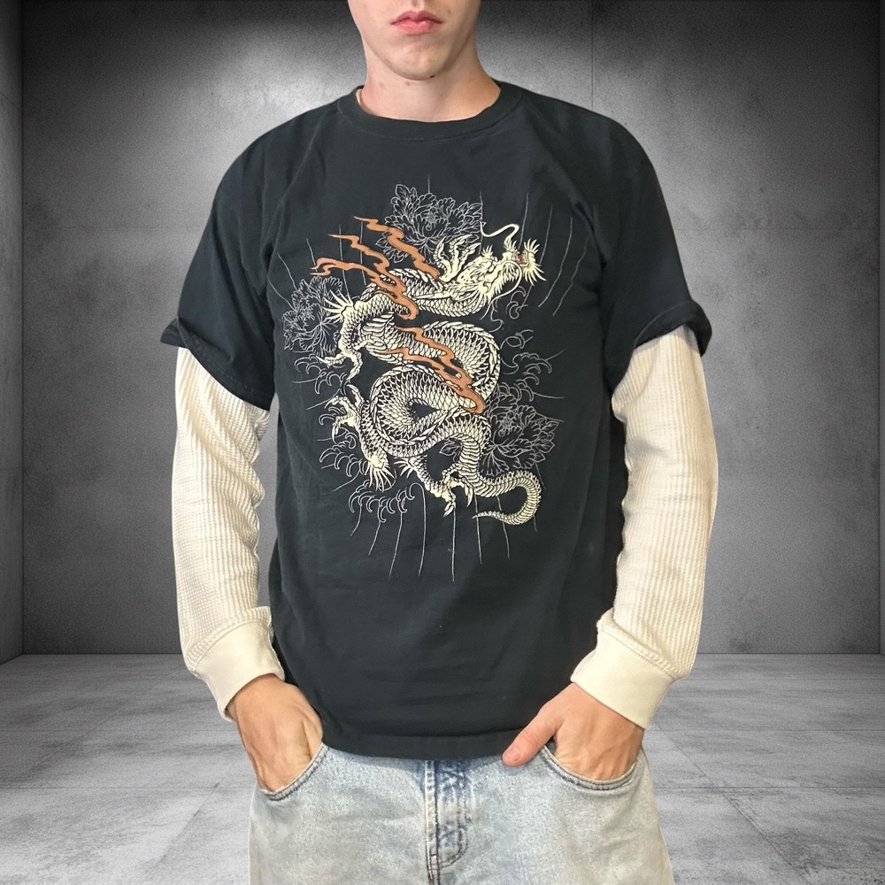 Vintage Miami Ink Dragon Graphic T-Shirt Black Y2K Skater Streetwear Size L
